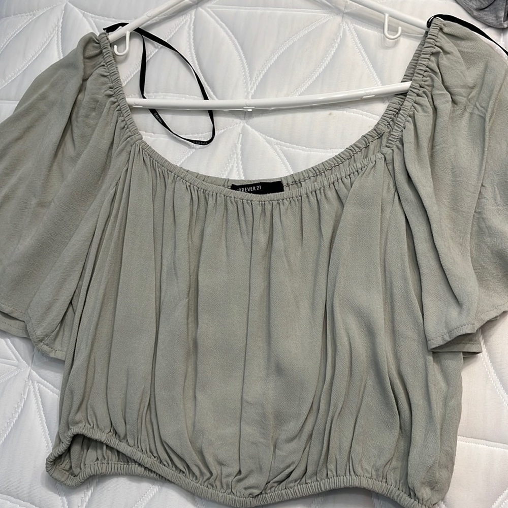 sage green top, off the shoulder, size small